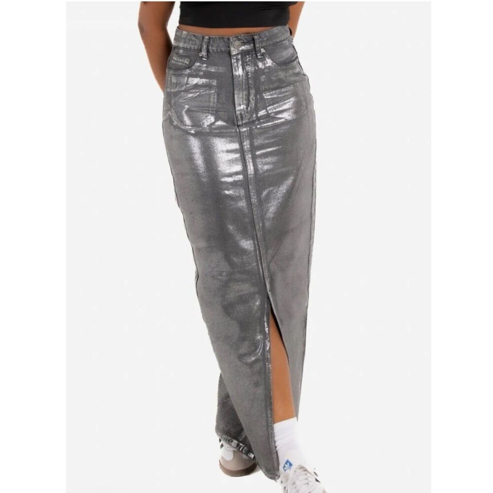 Liquor N Poker Maxi Length Denim Skirt Split Black in Metallic Silver UK 8 US 6